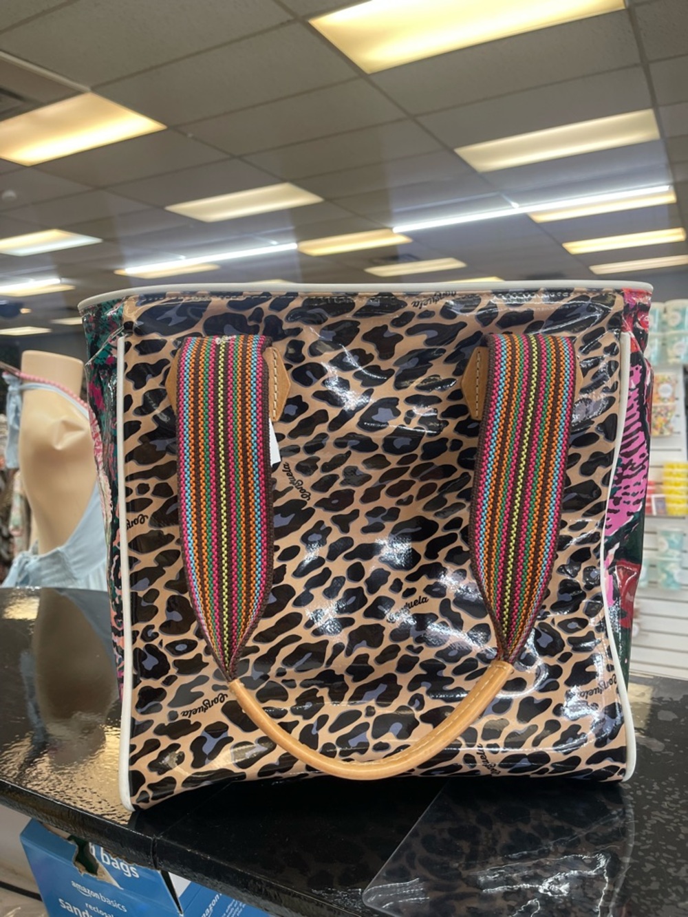 Consuela Leopard Print Tote with Multicolor Ribbon Handles - Picture 2 of 7
